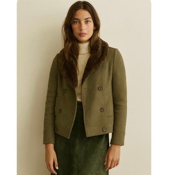 J.Crew Early 2000s Green Wool Tweed Pea Coat Faux Fur Collar Rare Heritage 0 - Picture 3 of 11